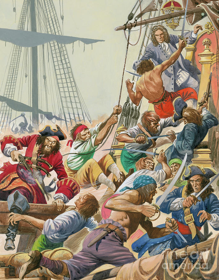 Boat Painting - Blackbeard and his pirates attack by Peter Jackson