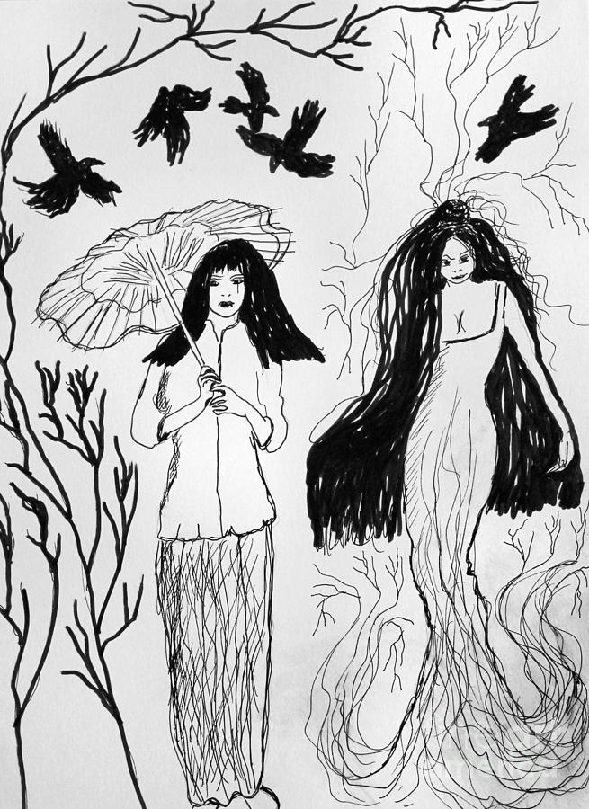 Blackbirds and Ghosts in China Town Drawing by Sandy DeLuca