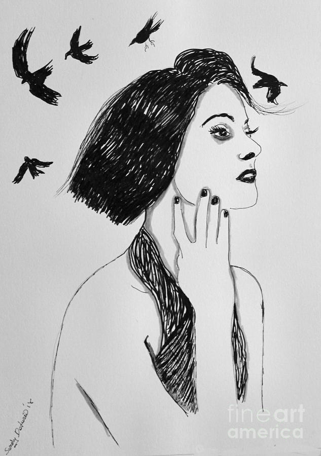 Blackbirds and Laura Drawing by Sandy DeLuca