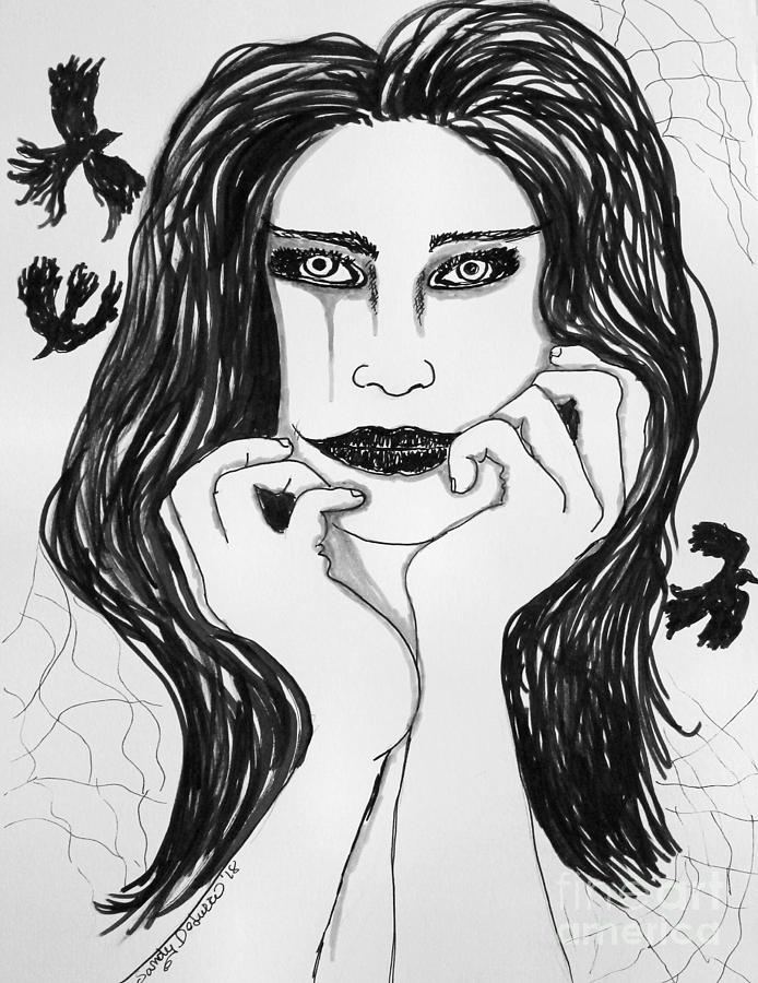 Blackbirds and Pensive Vampire Drawing by Sandy DeLuca