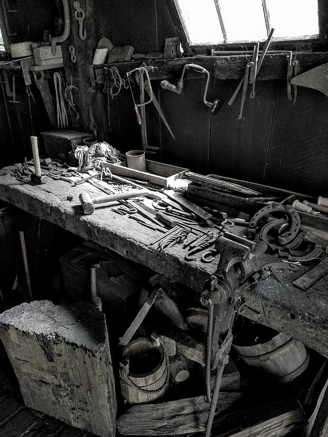 Blacksmith Table Black and White Photograph by Michael Hills