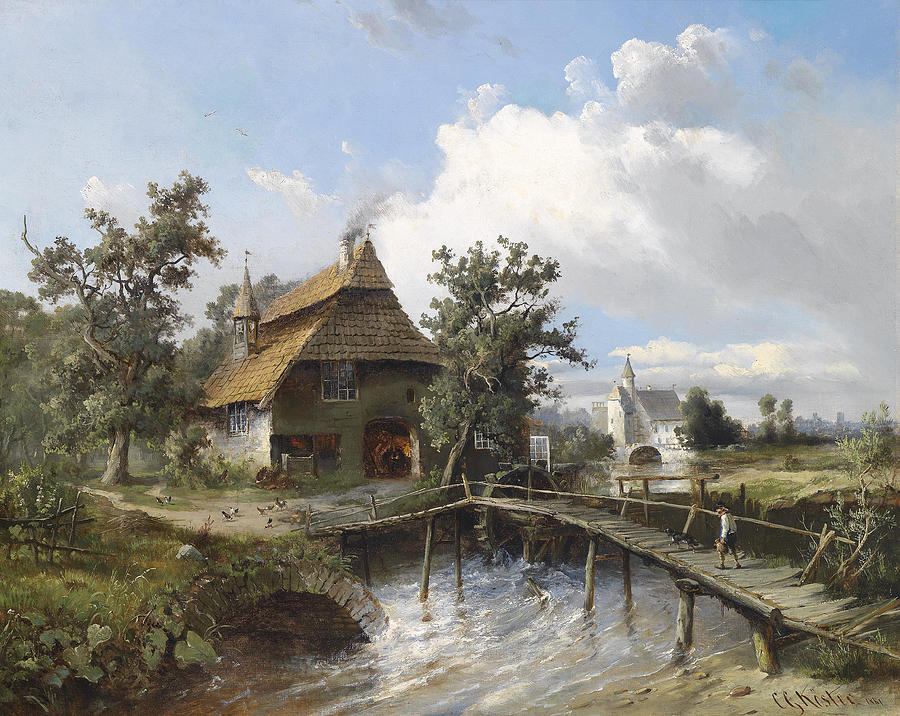 Blacksmiths Forge by the Stream Painting by Carl Georg Koster