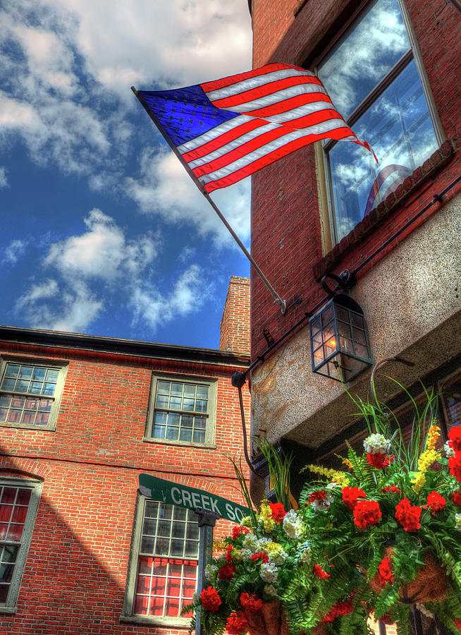 Blackstone Block - Patriotic Boston Scene with US Flag Photograph by Joann Vitali
