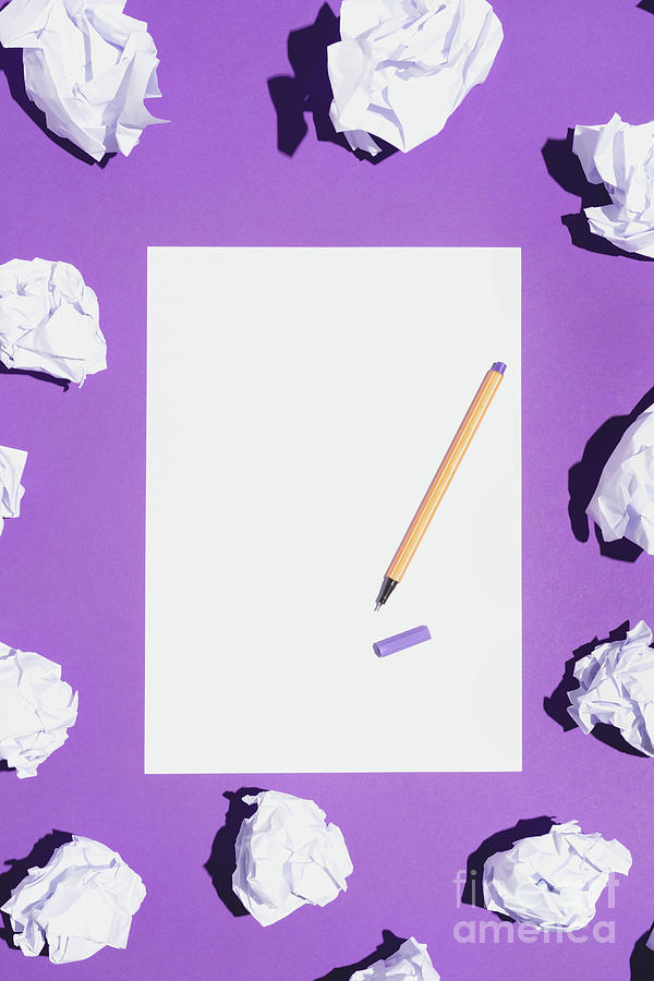 Blank white page and pen laying on violet background Photograph by Michal Bednarek