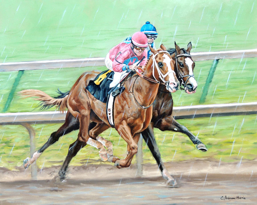 Horse Racing Painting - Blazin Through the Rain by Carole Andreen