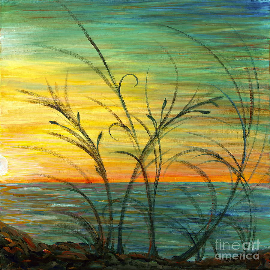 Blazing Sunrise and Grasses in Blue Painting by Nadine Rippelmeyer