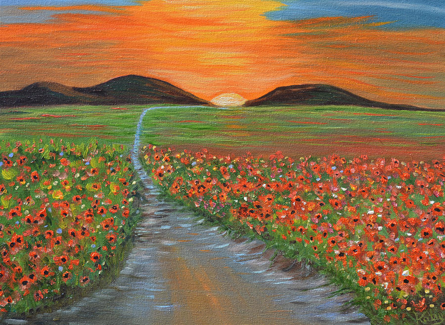 Sunset Painting - Blazing Sunset- Poppy Field- Landscape painting by Kathy  Symonds