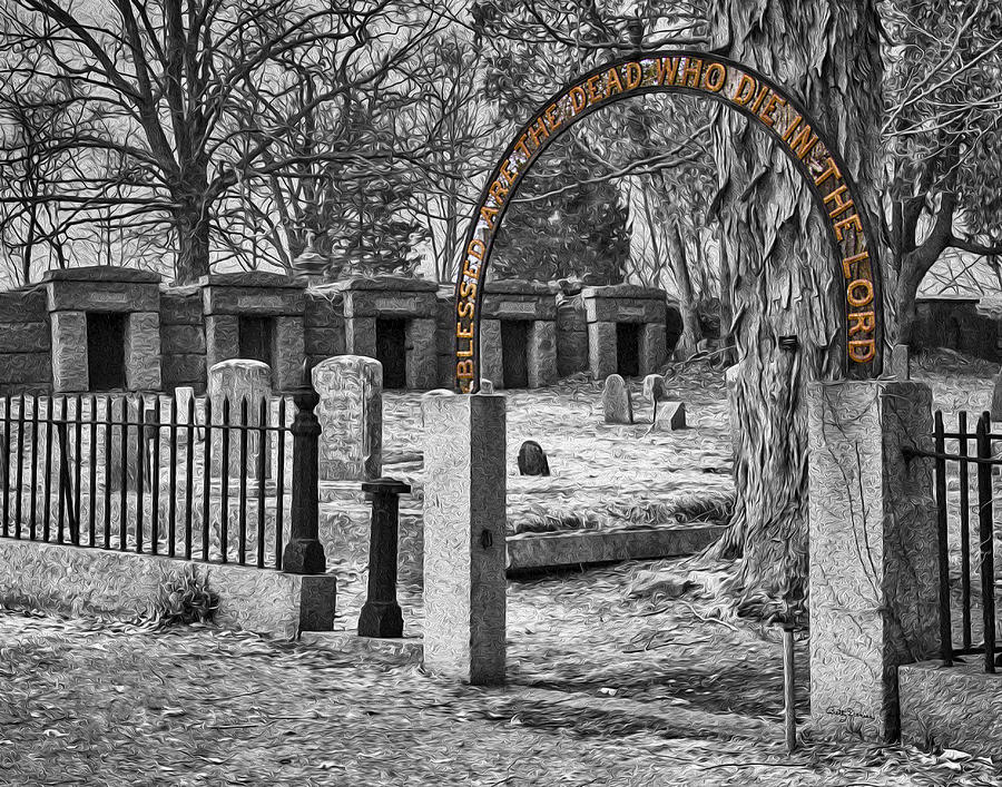 Black And White Photograph - Blessed Are the Dead... Cemetery Gate by Betty Denise