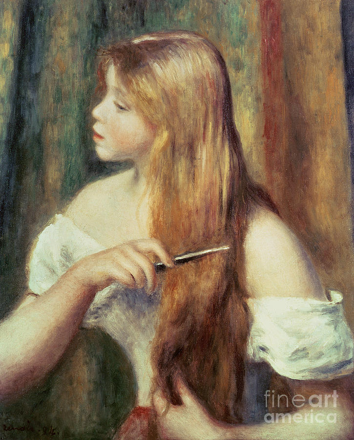 Pierre Auguste Renoir Painting - Blonde girl combing her hair by Pierre Auguste Renoir