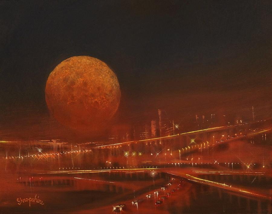 Blood Moon Over the City Painting by Tom Shropshire