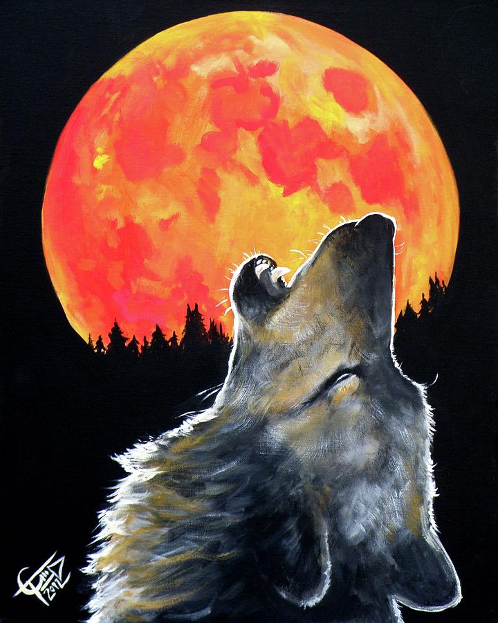 Blood Moon Wolf Painting by Tom Carlton