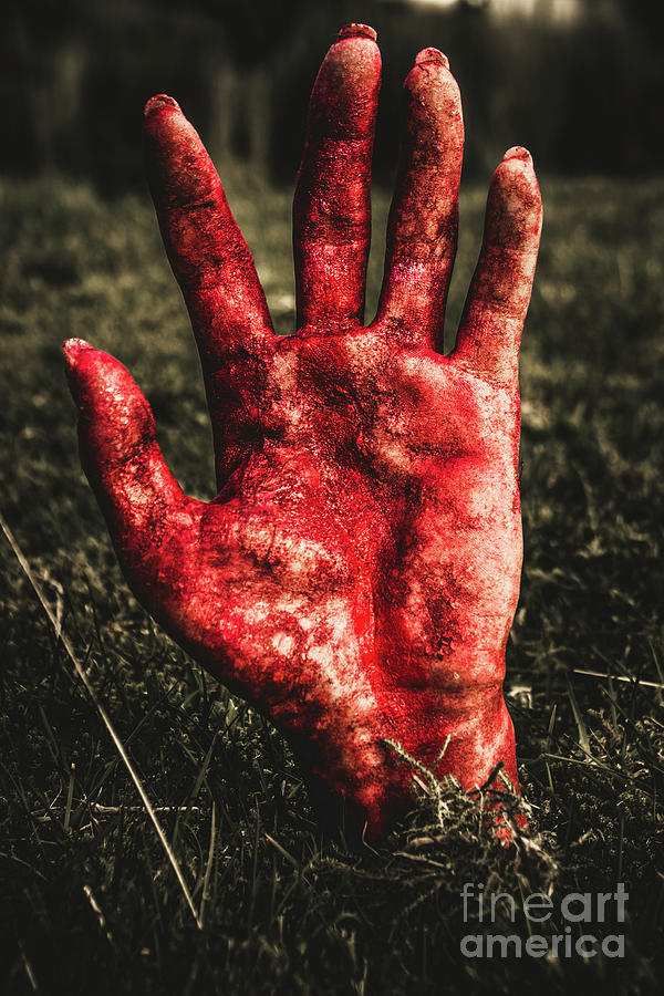 Blood Stained Hand Coming Out Of The Ground At Night Photograph by Jorgo Photography