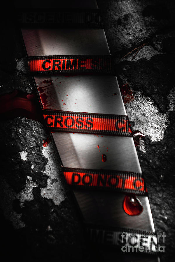 Clue Photograph - Bloody Knife Wrapped In Red Crime Scene Ribbon by Jorgo Photography - Wall Art Gallery Clue Photograph - Bloody Knife Wrapped In Red Crime Scene Ribbon by Jorgo Photography - Wall Art Gallery