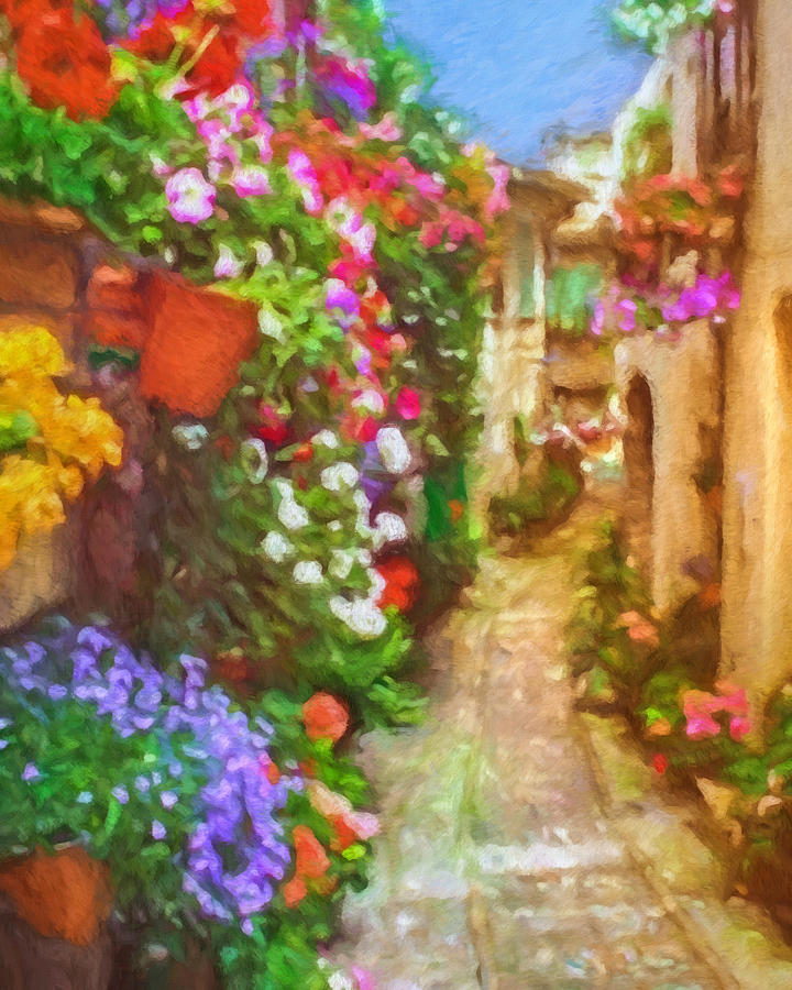 Blooming Houses Spello Italy Painting by Lutz Baar