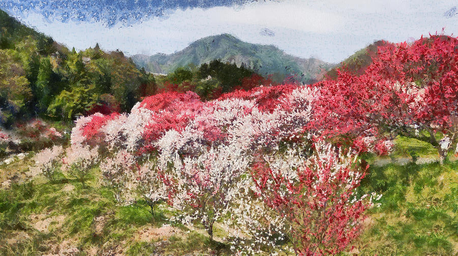 Blooming Sakura Trees in Japan. Spring Fantasy Digital Art by Jenny Rainbow