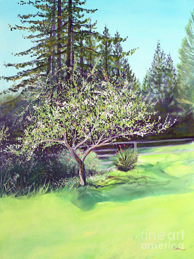 Blooming Spring Apple Tree and Green Meadow Painting by Asha Carolyn Young