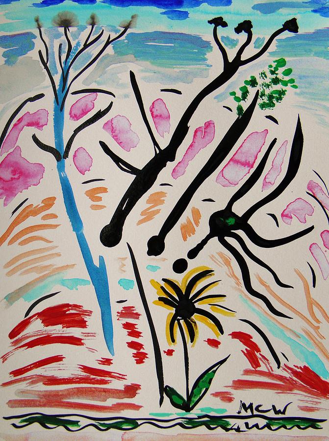 Landscape Painting - Blooming Trees,  Red Hills and Flower by Mary Carol Williams