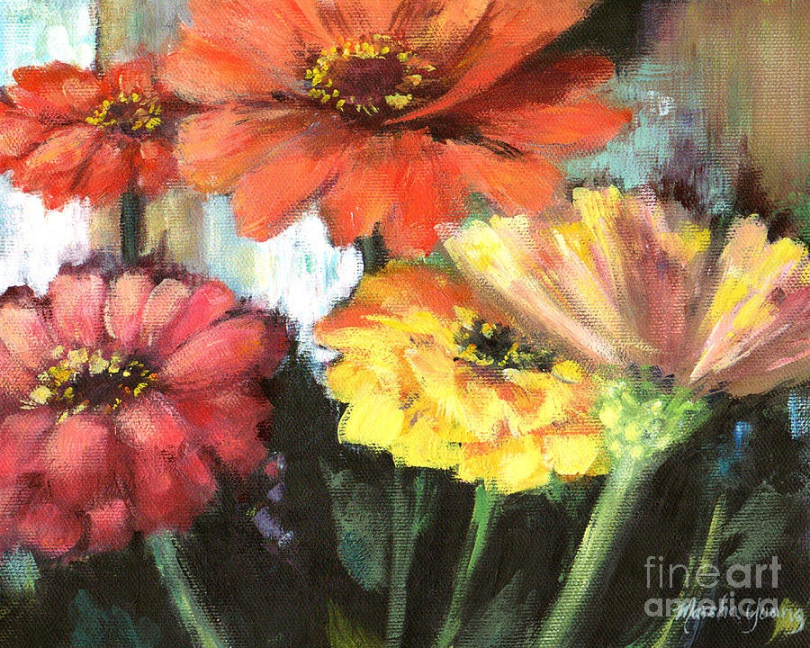 Blooming Zinnias Painting by Marsha Young