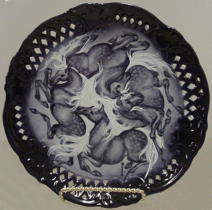 Blue 4 Horse Plate Ceramic Art by Shirley Heyn