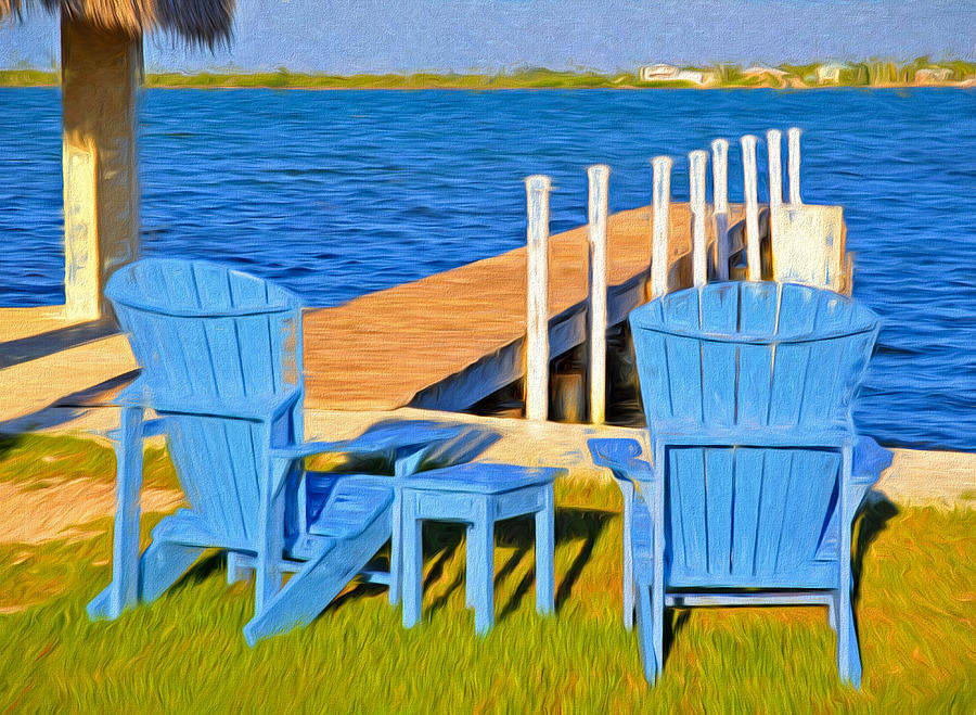 Blue Adirondack Chairs at Dock in Keys Photograph by Ginger Wakem