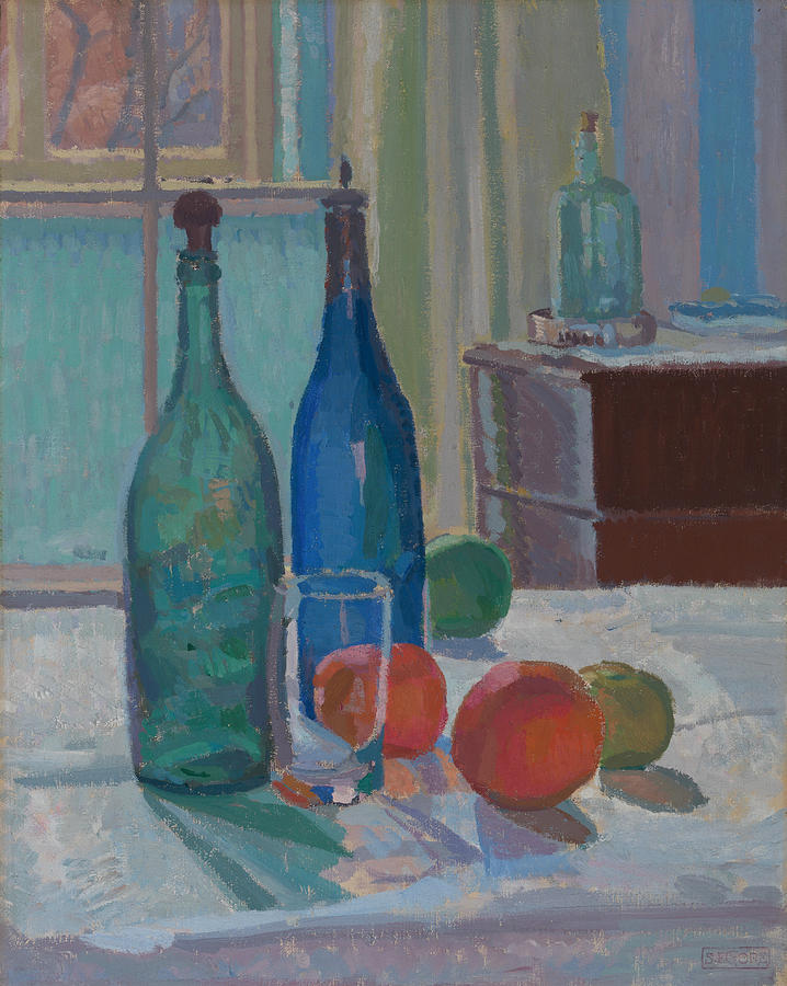 Blue and Green Bottles and Oranges Painting by Spencer Gore