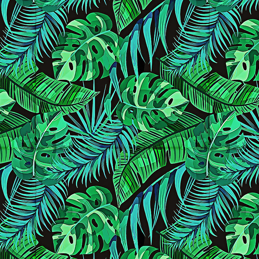 Blue and Green Ferns and Tropical Leaves Painting by Elaine Plesser ...