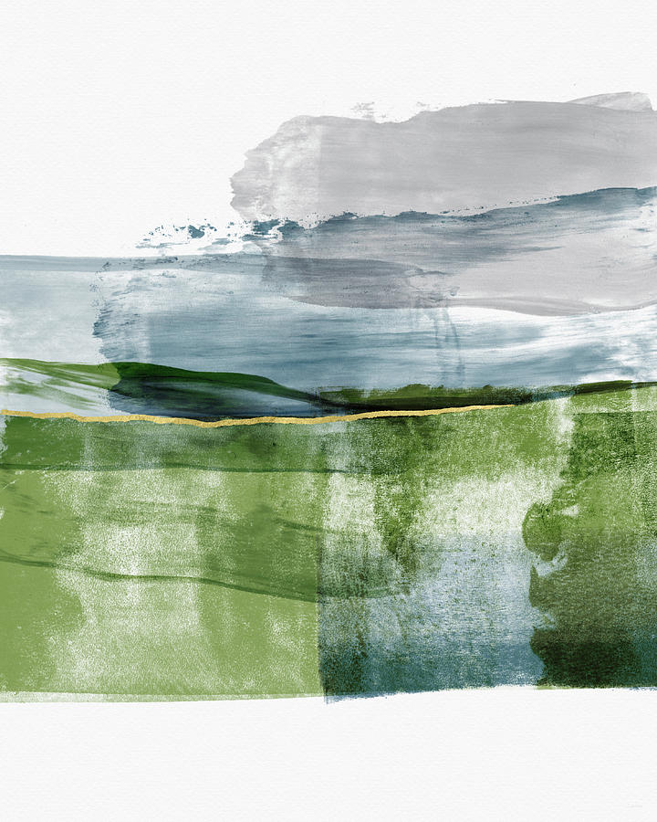 Blue and Green Minimalist Landscape Art by Linda Woods Mixed Media by Linda Woods