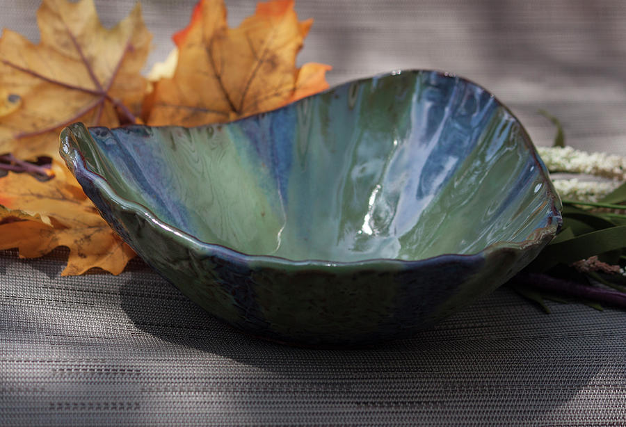 Bowl Ceramic Art - Blue and Green Triangular Decorative Bowl by Suzanne Gaff