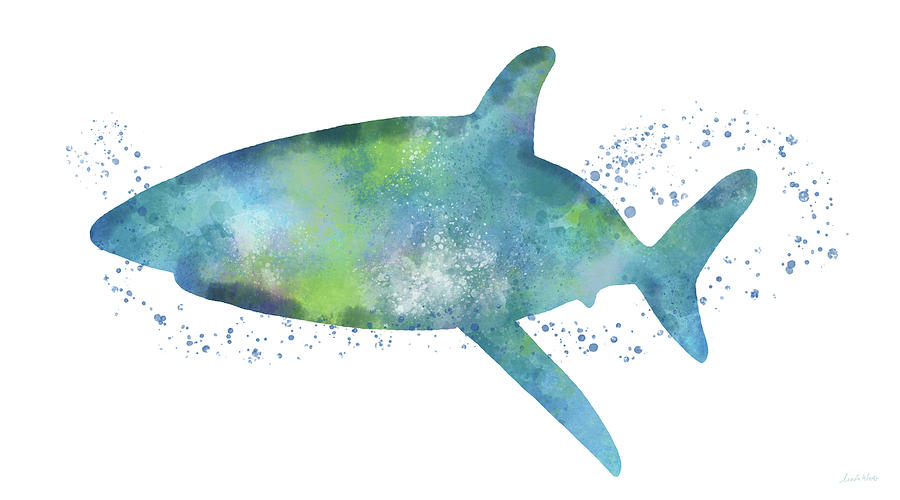  Blue and Green Watercolor Shark 1-Art by Linda Woods Painting by Linda Woods