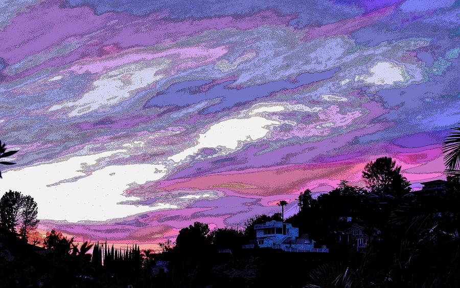 Blue and Pink Clouds IX Posterized with Ink Outline Photograph by Linda Brody