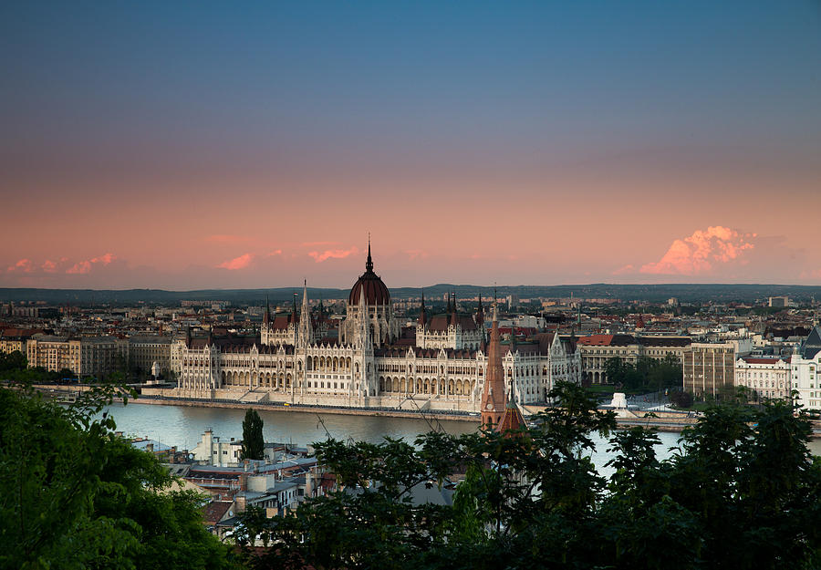 Spring Photograph - Blue and Pink Sunset From Castle Hill With The Budapest Parliament Building and Danube River by Bridget Calip