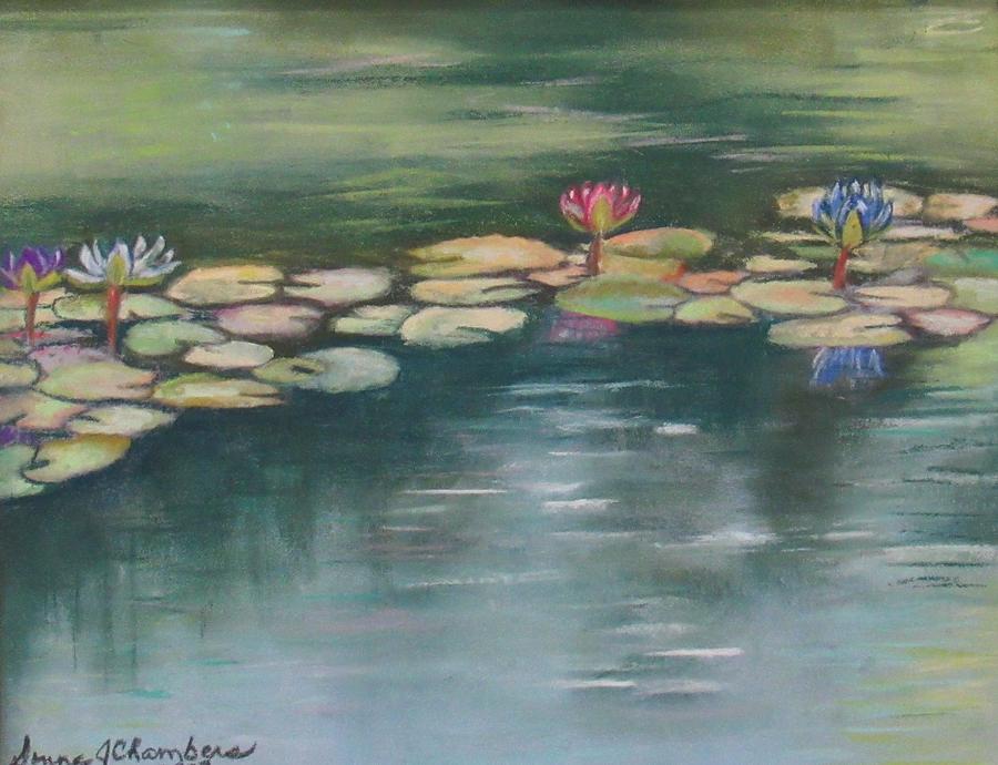 Blue And Pink Waterlilies In A Reflecting Pond Painting by Donna Chambers