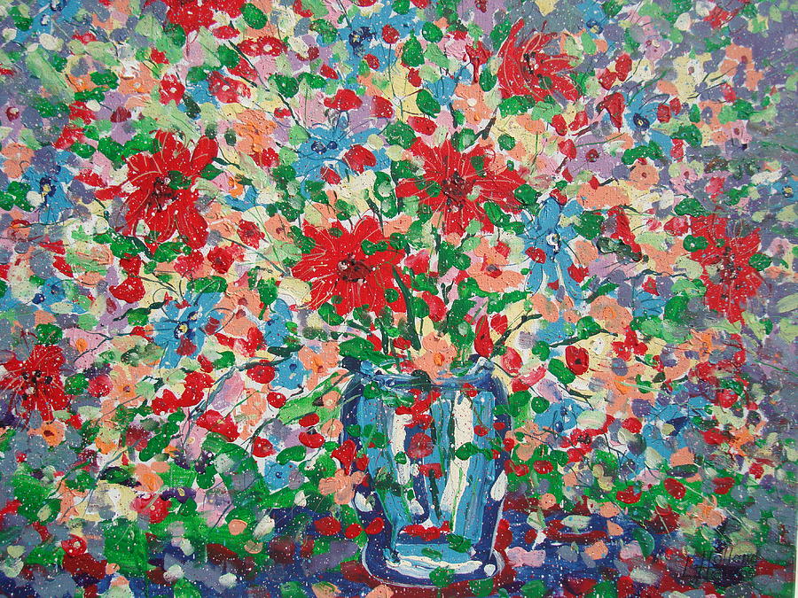 Blue And Red Flowers. Painting by Leonard Holland