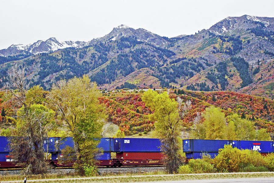 Blue and Red Train by Rest Stop on I 84, Utah  Photograph by Ruth Hager