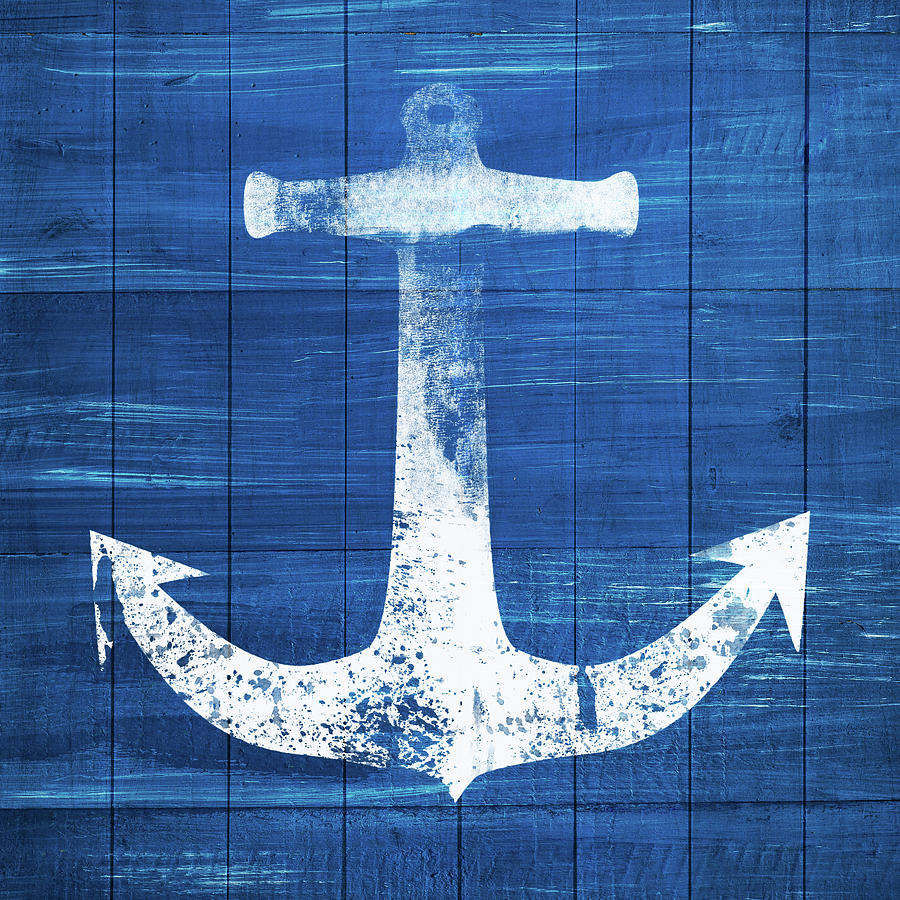 Anchor Mixed Media - Blue and White Anchor- Art by Linda Woods by Linda Woods