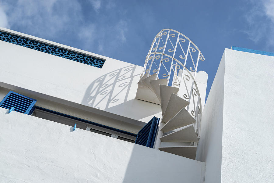 Blue and White Architecture - Spirals and Lines in the Sunshine Photograph by Georgia Mizuleva
