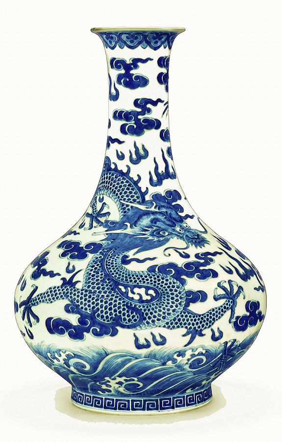 Bowl Painting - Blue and White Chinese Chinoiserie Dragon Vase Pottery Series,  No 1 by Adam Asar by Celestial Images