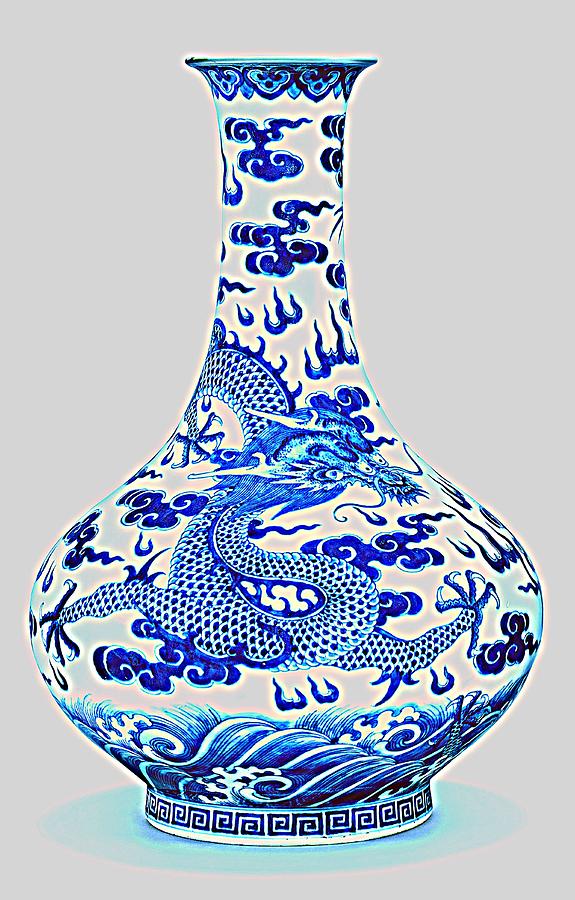 Bowl Painting - Blue and White Chinese Chinoiserie Dragon Vase Pottery Series,  No 2 by Adam Asar by Celestial Images