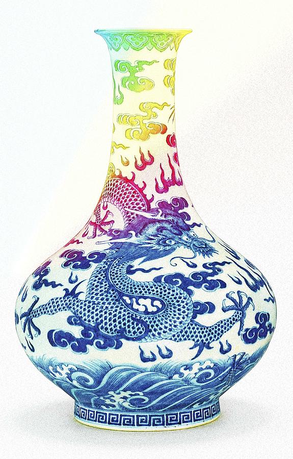 Bowl Painting - Blue and White Chinese Chinoiserie Dragon Vase Pottery Series,  No 3 by Adam Asar by Celestial Images