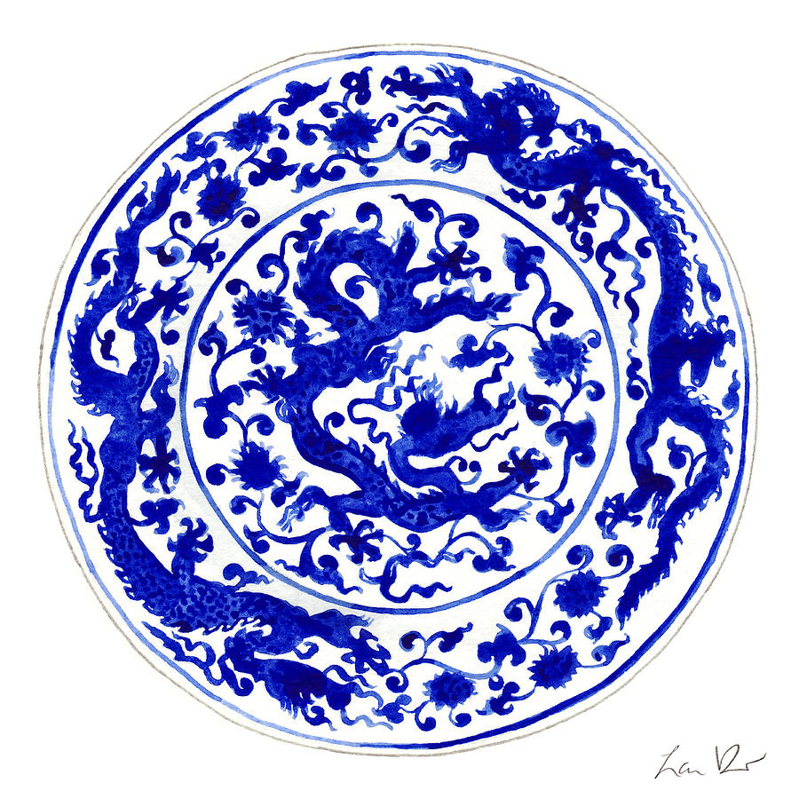 Blue And White China Painting - Blue and White Chinese Chinoiserie Plate 1 by Laura Row