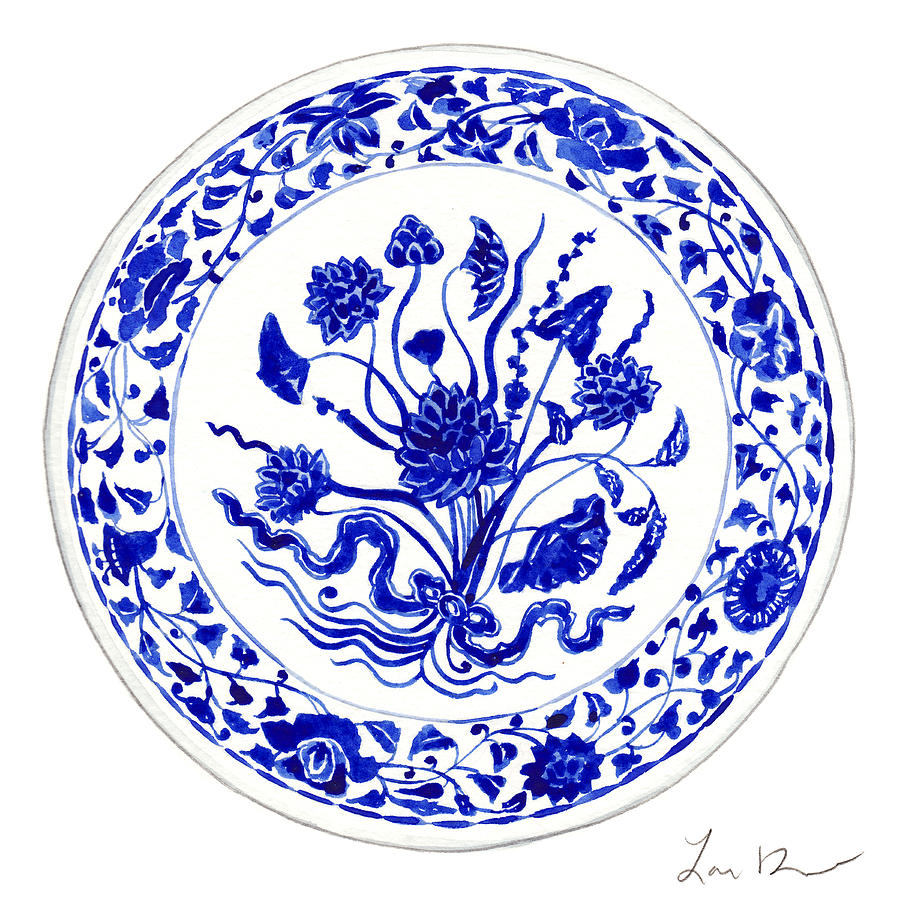 Blue And White China Painting - Blue and White Chinese Chinoiserie Plate 4 by Laura Row