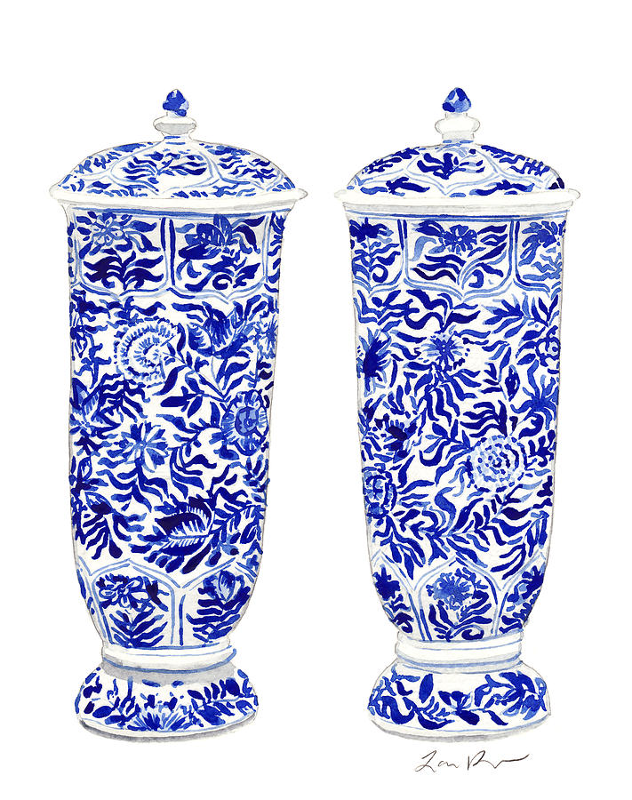 Blue And White Painting - Blue and White Chinoiserie Vases by Laura Row