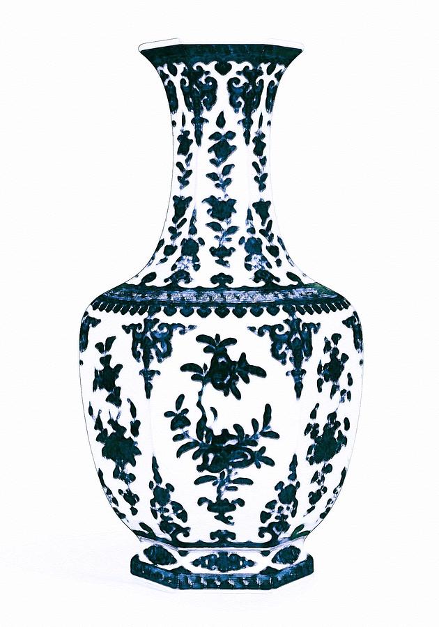 Bowl Painting - Blue And White Hexagonal Vase Art 3 by Celestial Images