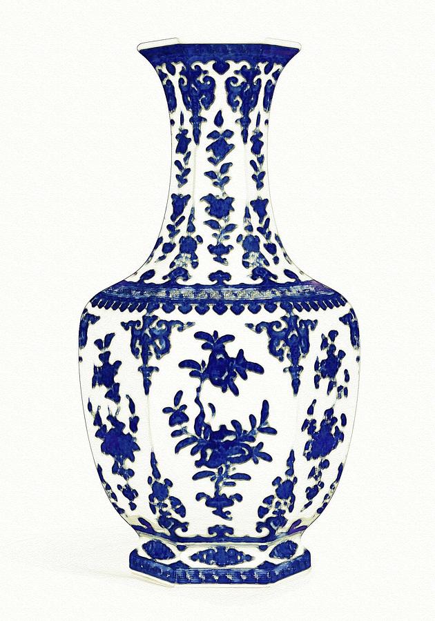 Bowl Painting - Blue And White Hexagonal Vase Artblue And White Hexagonal Vase Art by Celestial Images