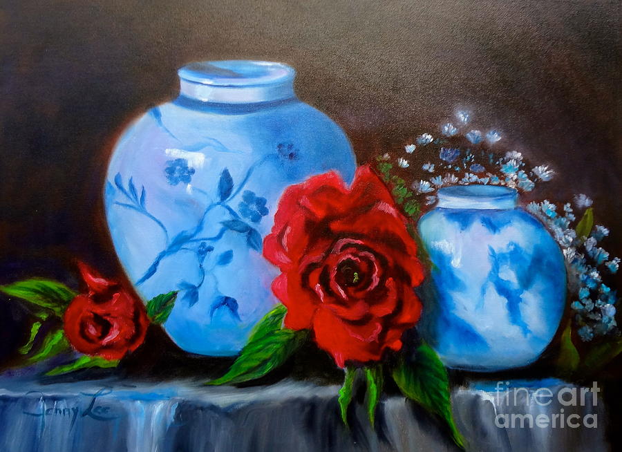 Blue and White Pottery and Red Roses Painting by Jenny Lee