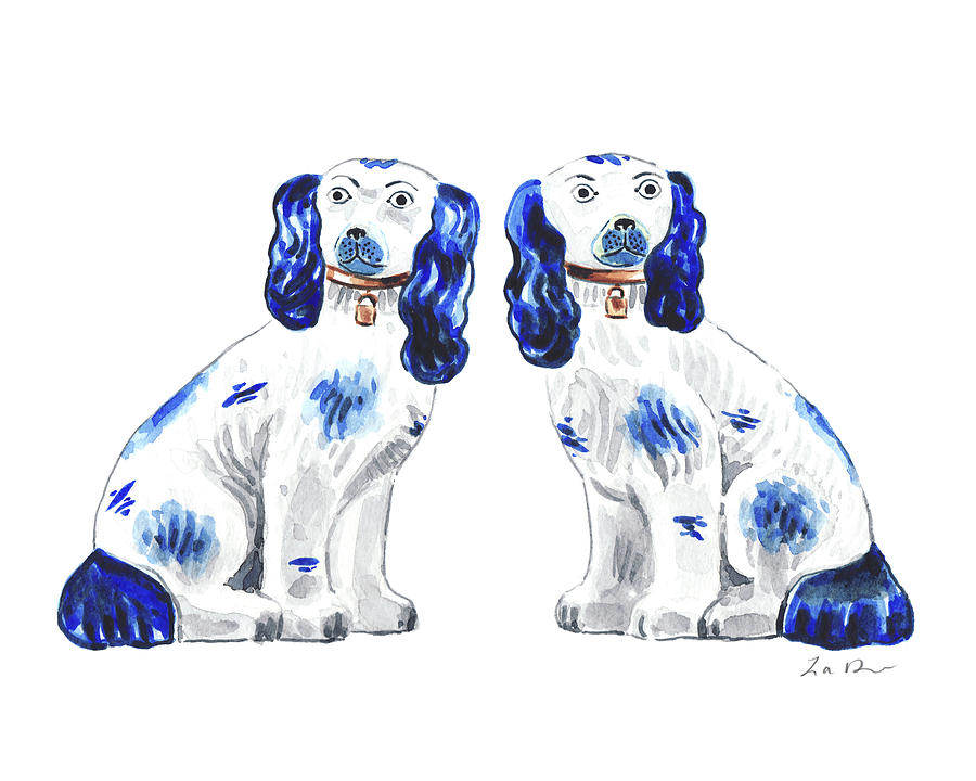 Dog Painting - Blue and White Staffordshire Dogs Art Spaniel Art Print Porcelain Chinoiserie Art Ginger Jar Art Dog by Laura Row