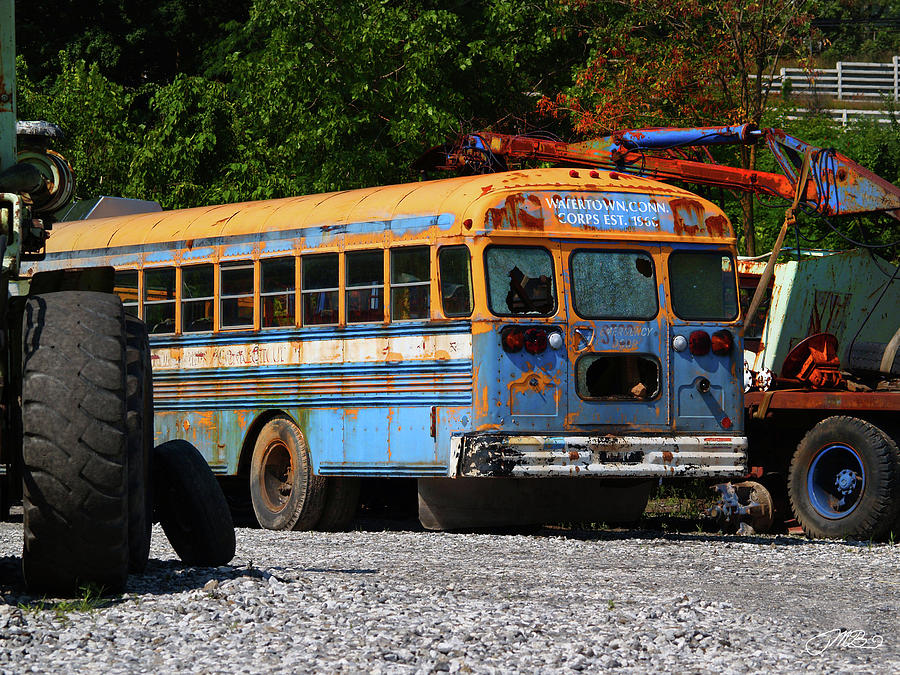 Blue and Yellow Rusty School Bus In Junkyard Photograph by Mike M Burke ...