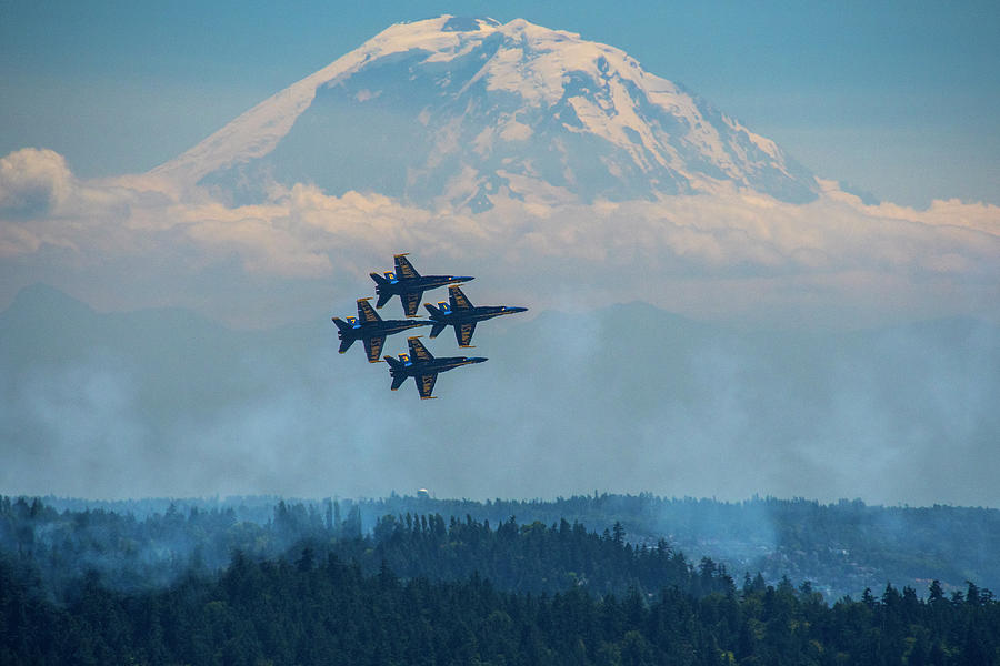 Blue Angels fly by Mount Rainier Photograph by Matt McDonald
