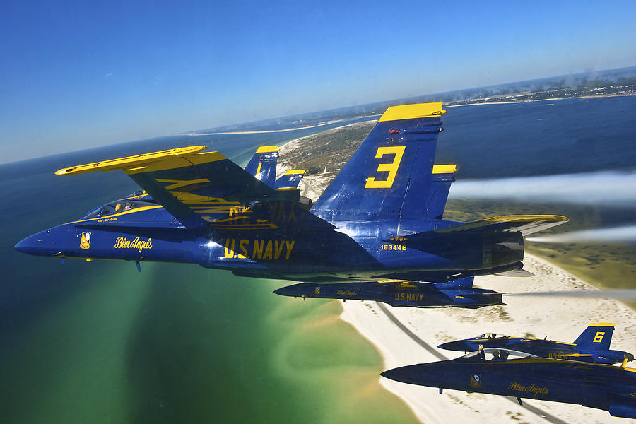 Sailors Painting - Blue Angels fly in delta formation by Celestial Images