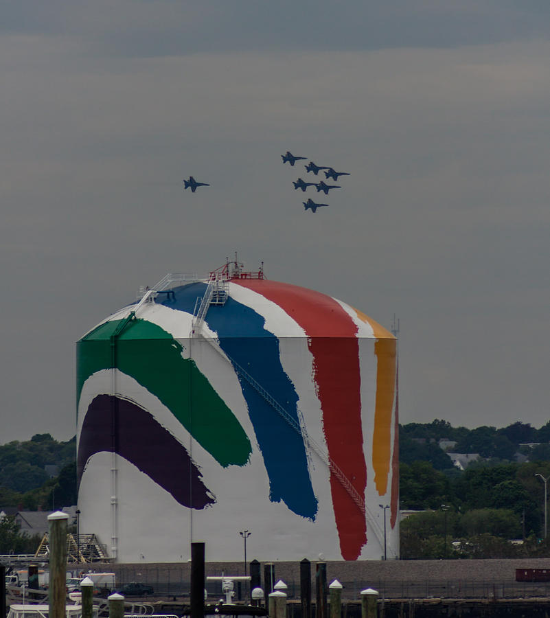 Blue Angels Over the Boston Gas Tank Photograph by Brian MacLean